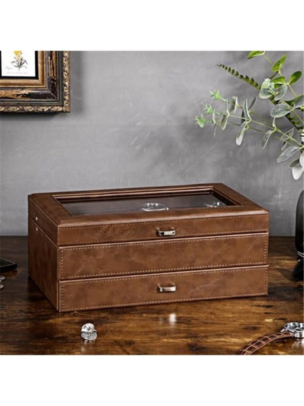 Watch Box 12-Slot, Watch Case with Large Glass Lid | 2-Layer Mens - Picture 4 of 6